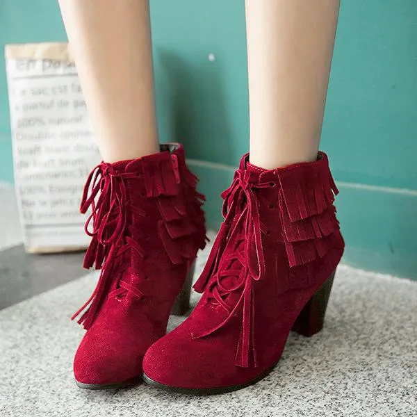 Women's Casual Multi-Layered Tassel Chunk Heel Short Boots 97075101S